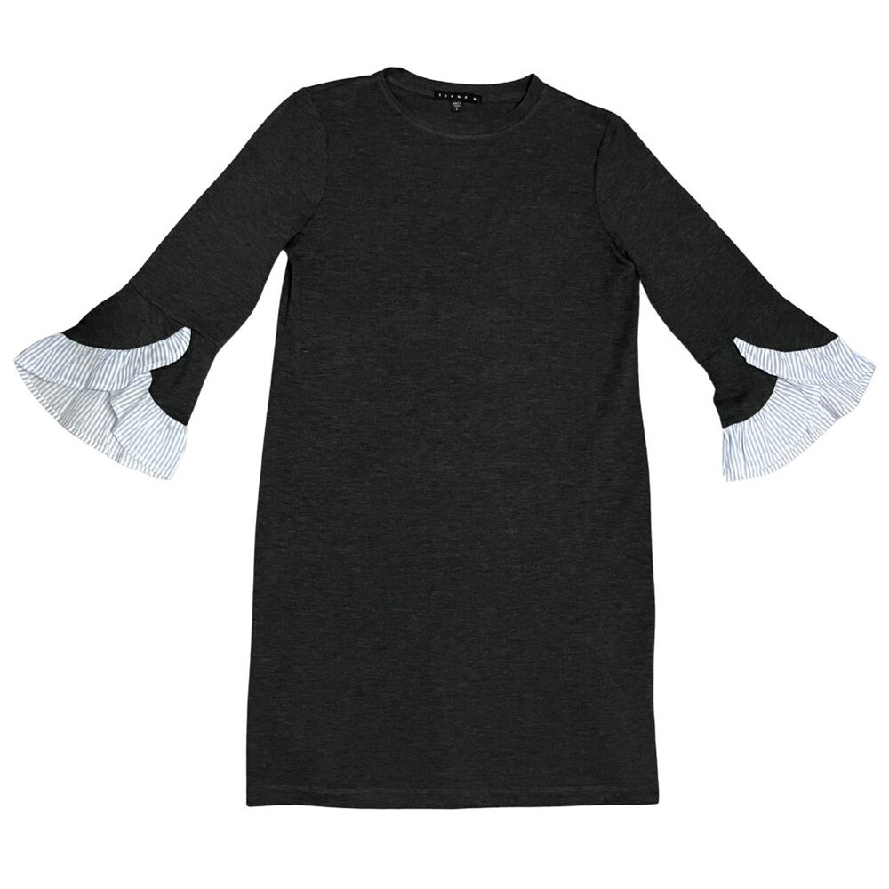 TIANA B. Gray Knit Dress Size S Ruffle Cuff Sleeves Quiet Luxury Minimalist Chic